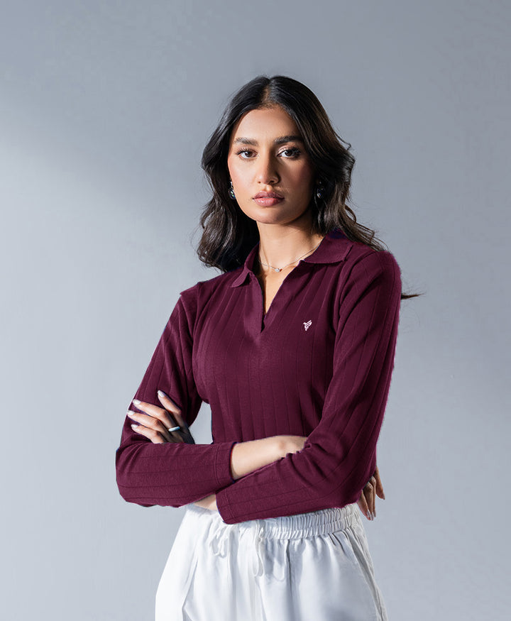 Wine Drop Needle Full Sleeves POLO (Women)