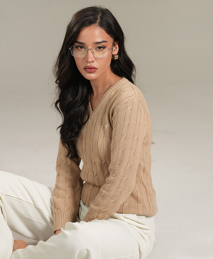 Khaki V-Neck Cable Knit Sweater (Women)