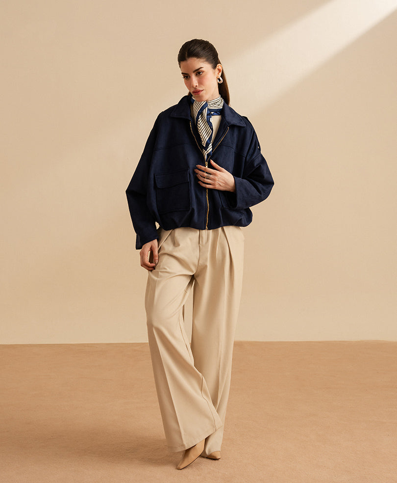 Navy Classic Suede Bomber Jacket (Women)