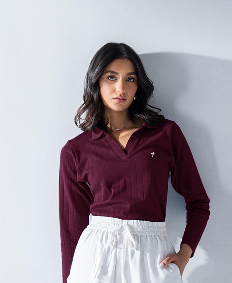 Wine Drop Needle Full Sleeves POLO (Women)