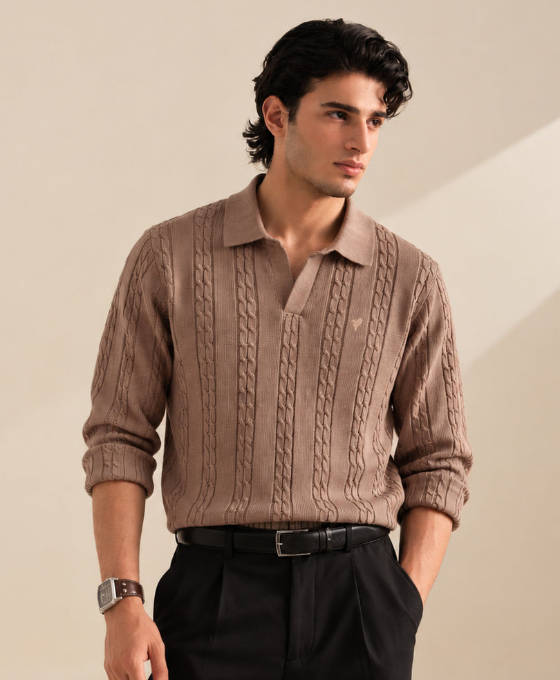 Goat Cable Knit Polo Pullover