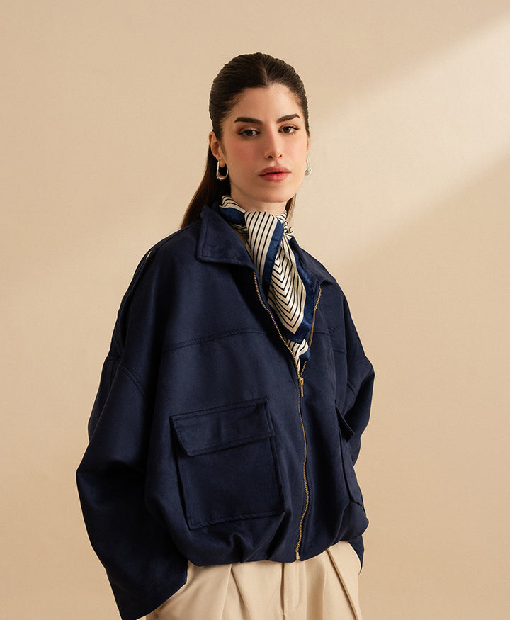 Navy Classic Suede Bomber Jacket (Women)