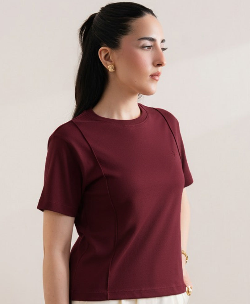 Wine Pleated Crew (Women)
