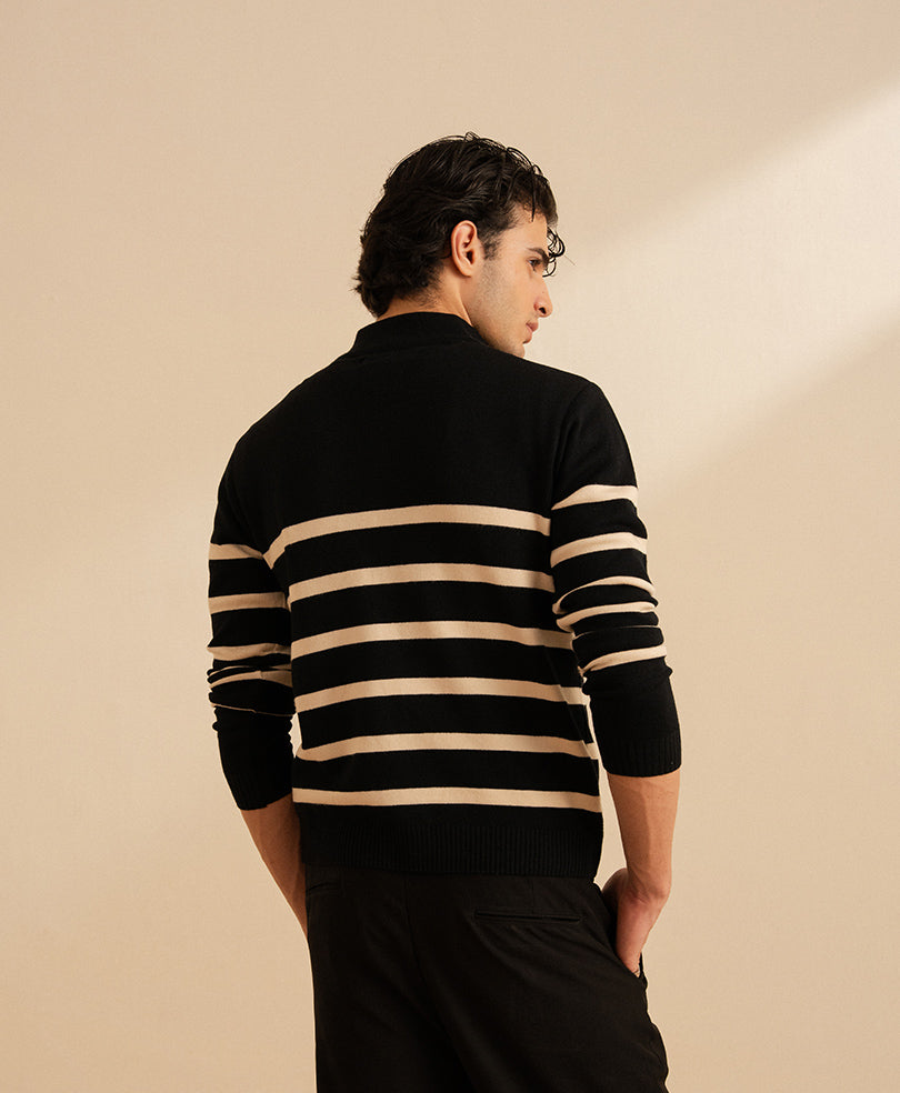 Black Striped Mock Neck Pullover