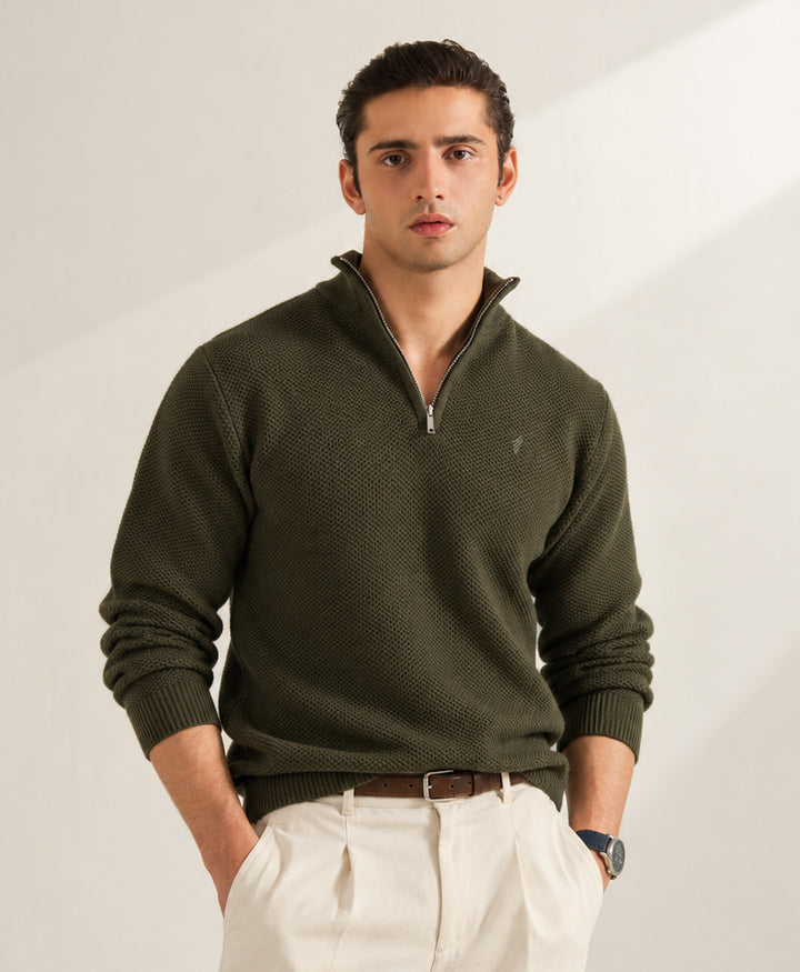 Forest Olive Mesh Knit Sweater