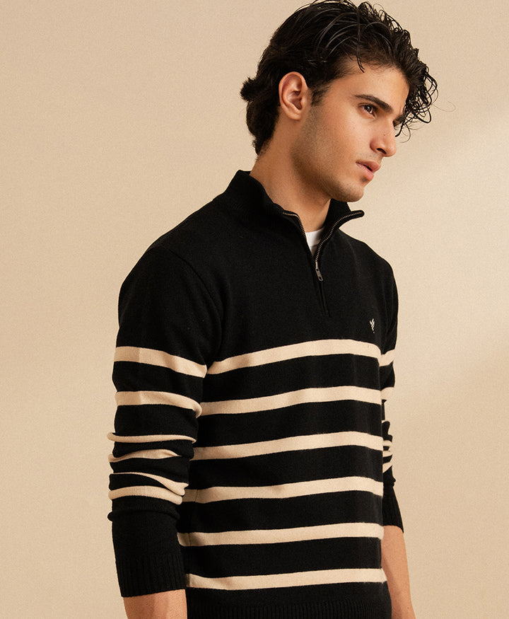 Black Striped Mock Neck Pullover