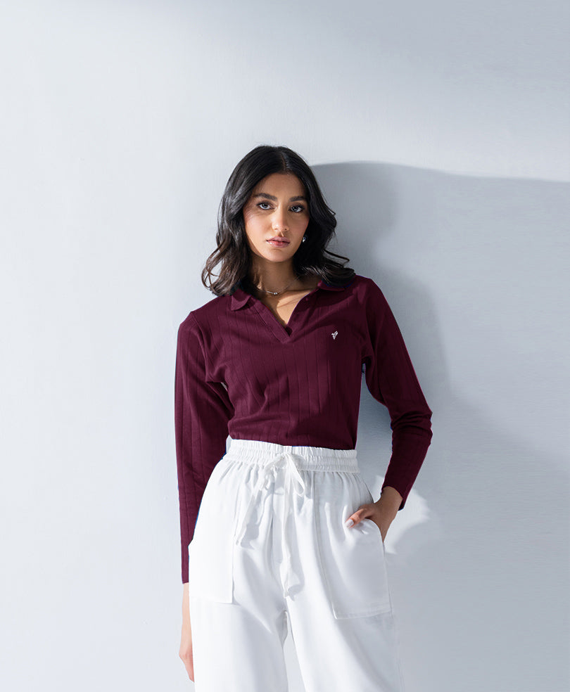 Wine Drop Needle Full Sleeves POLO (Women)