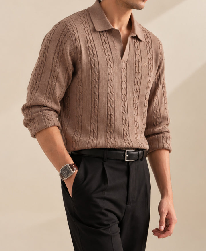 Goat Cable Knit Polo Pullover