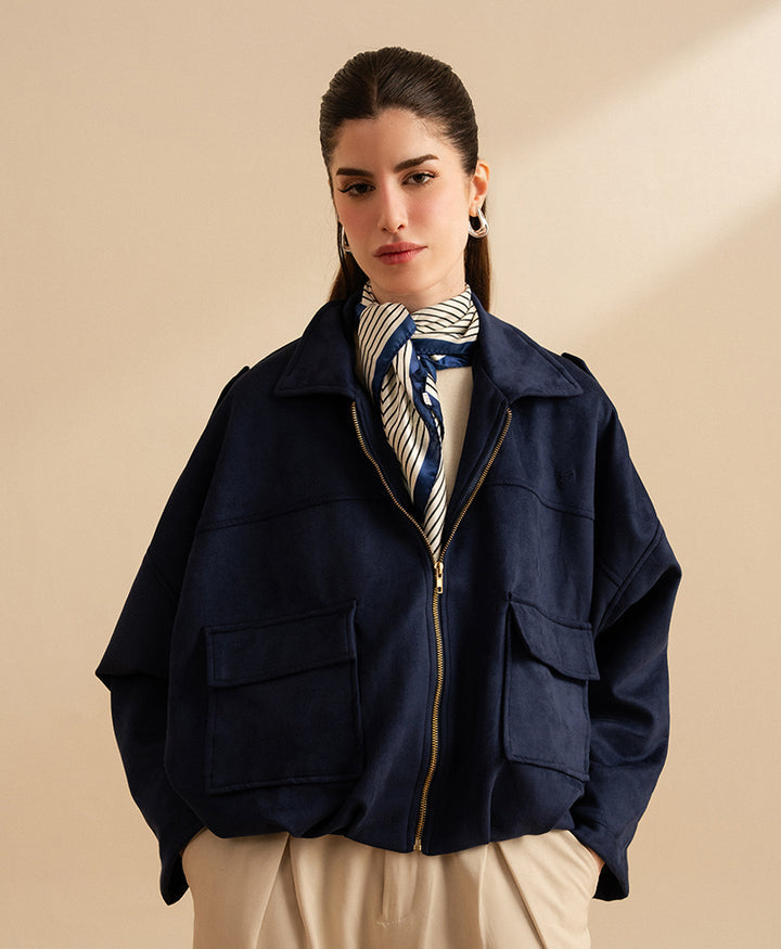 Navy Classic Suede Bomber Jacket (Women)