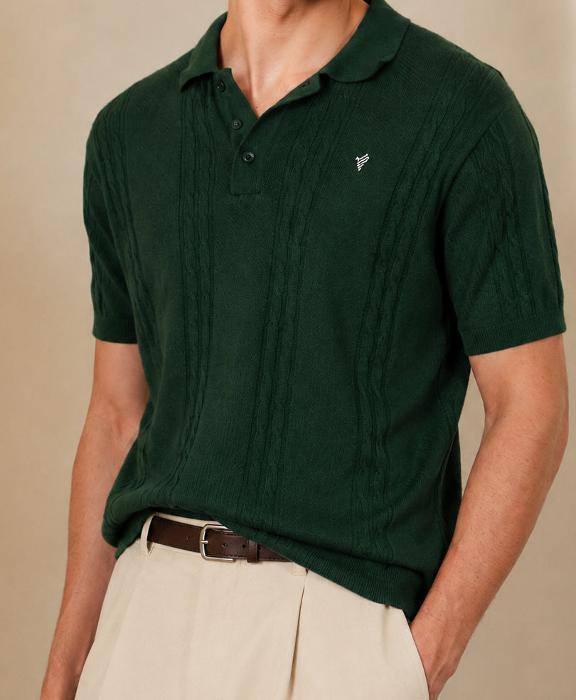 Modern Cable Knit POLO Forest Green