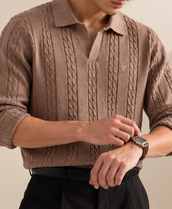 Goat Cable Knit Polo Pullover