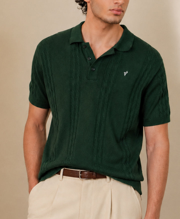 Modern Cable Knit POLO Forest Green