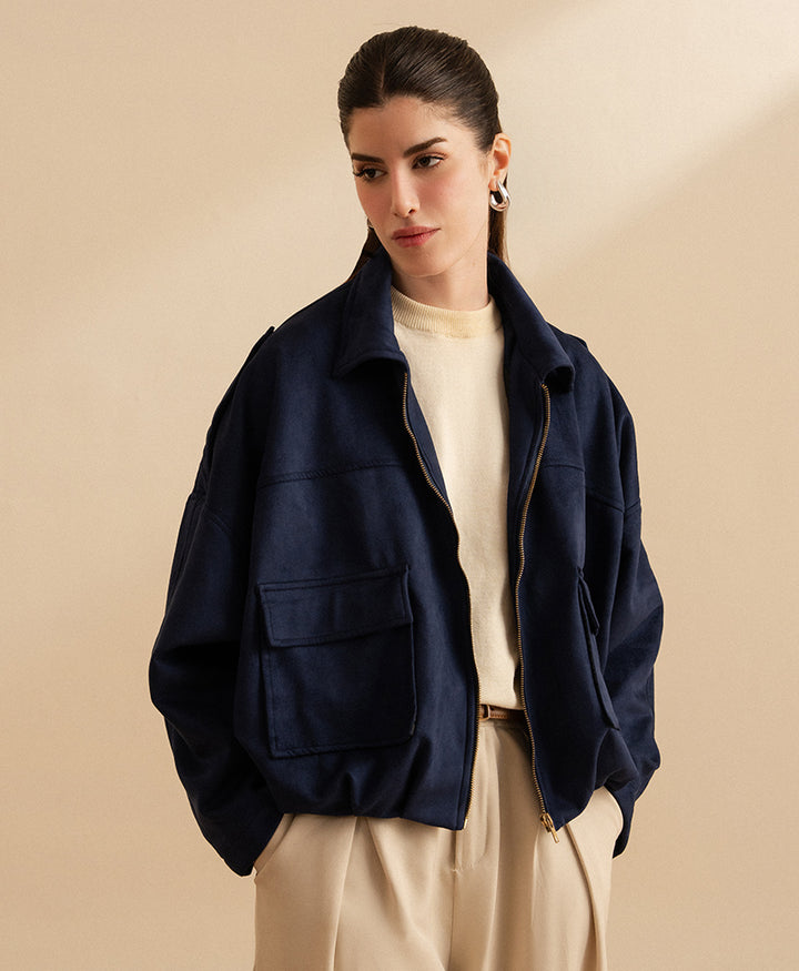 Navy Classic Suede Bomber Jacket (Women)