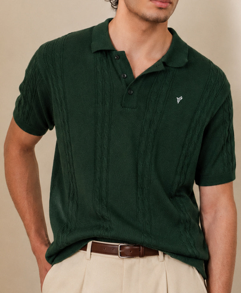 Modern Cable Knit POLO Forest Green