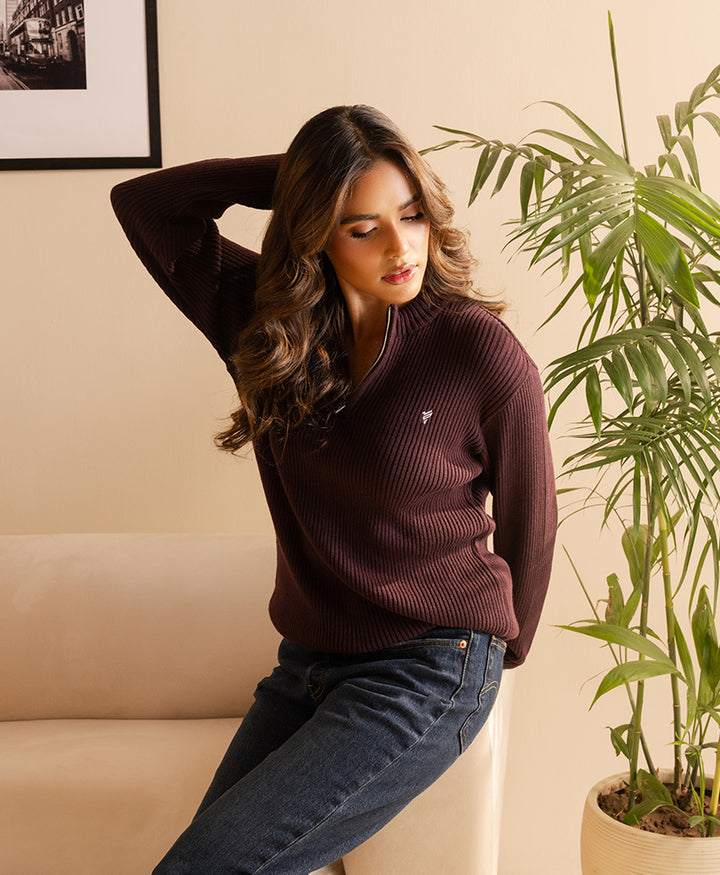 Burgundy Mock Neck Zipper Sweater (Women)