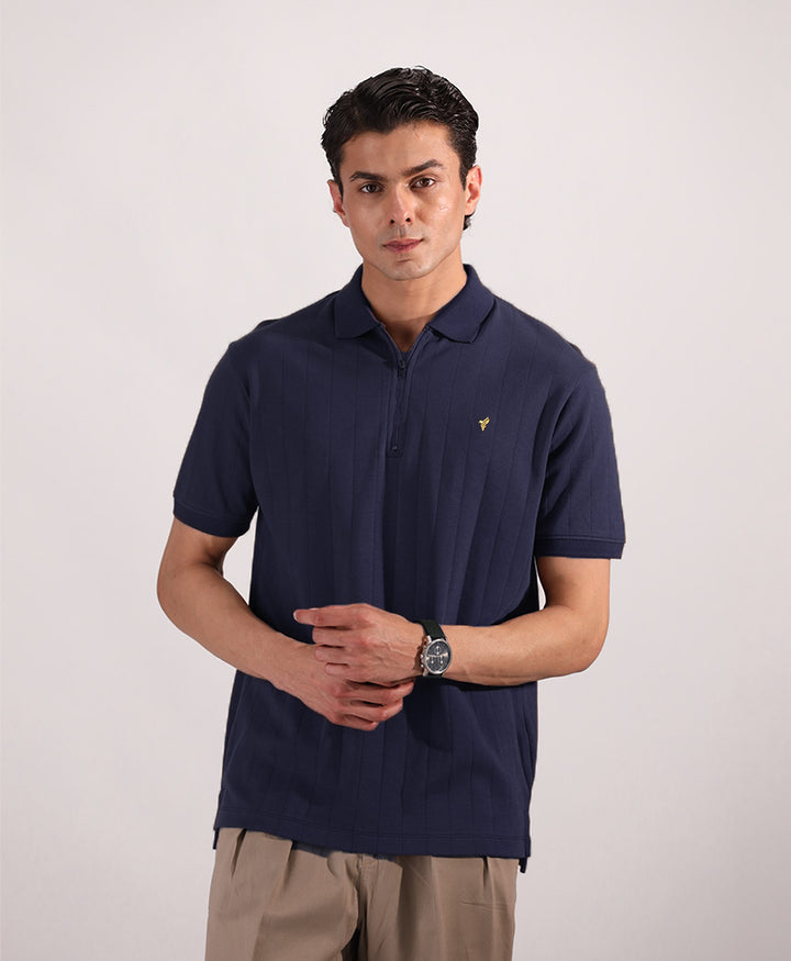 Navy Drop Needle Zip POLO