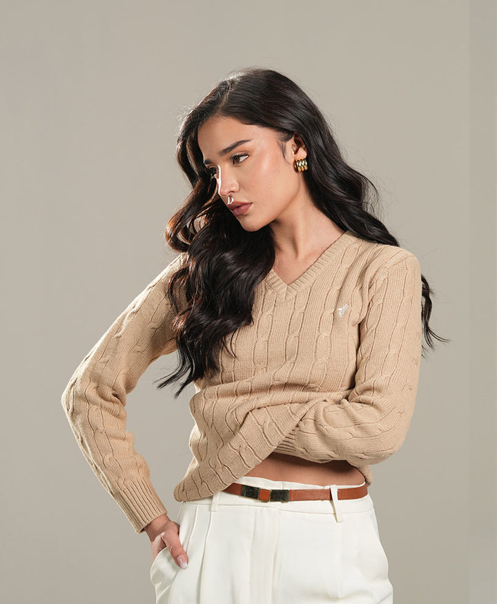 Khaki V-Neck Cable Knit Sweater (Women)