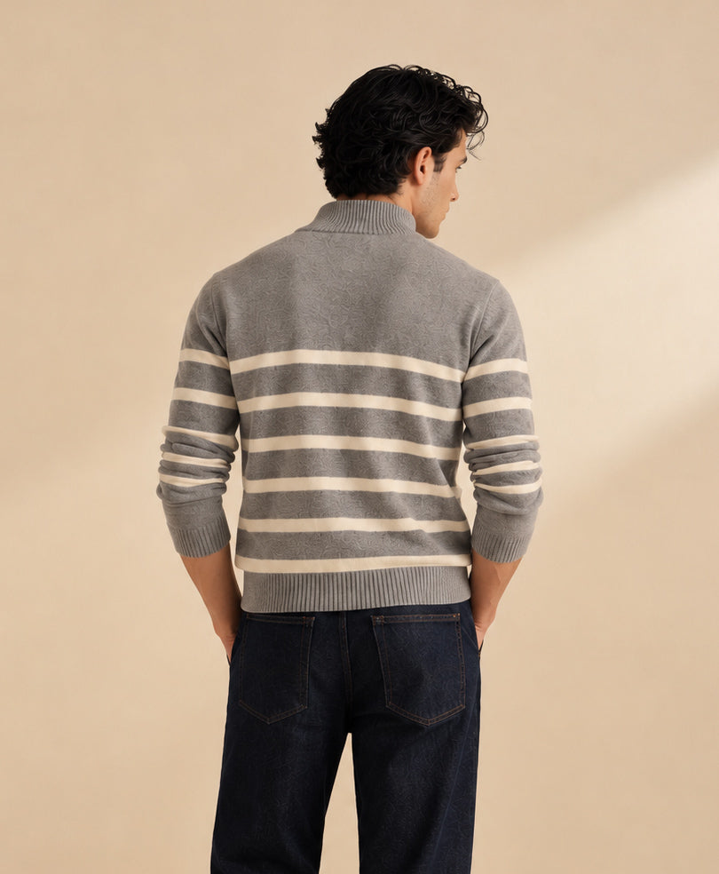 Grey Striped Mock Neck Pullover