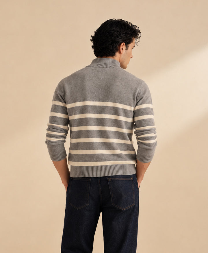 Grey Striped Mock Neck Pullover