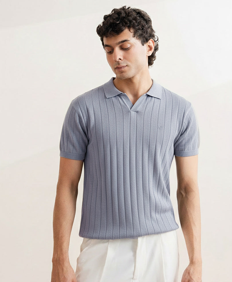 Drop Needle knit POLO Rise Blue