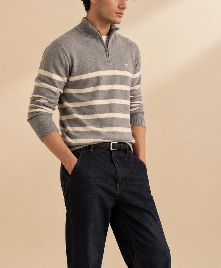 Grey Striped Mock Neck Pullover