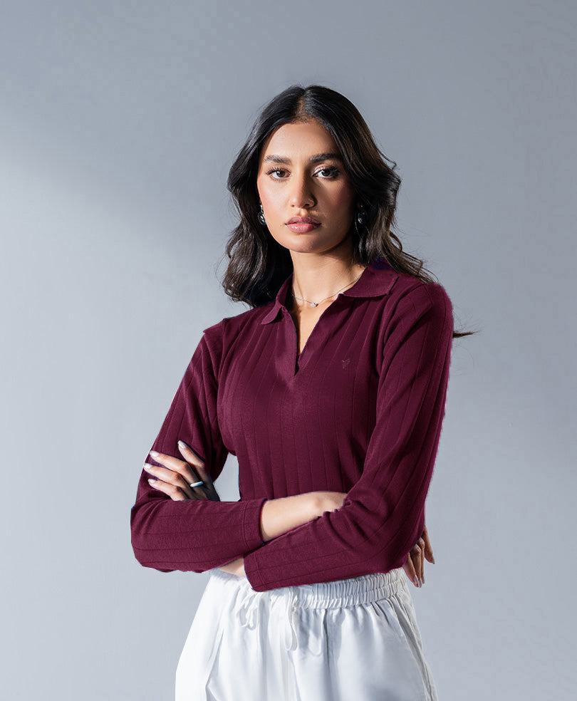 Wine Drop Needle Full Sleeves POLO (Women)