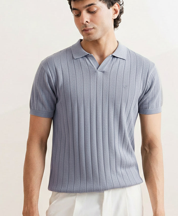 Drop Needle knit POLO Rise Blue