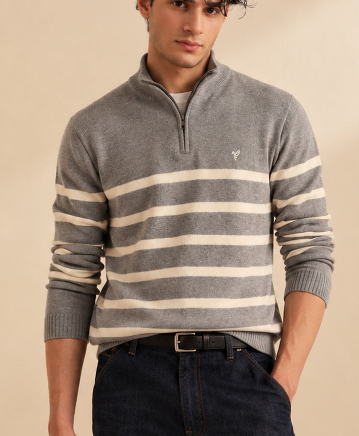 Grey Striped Mock Neck Pullover