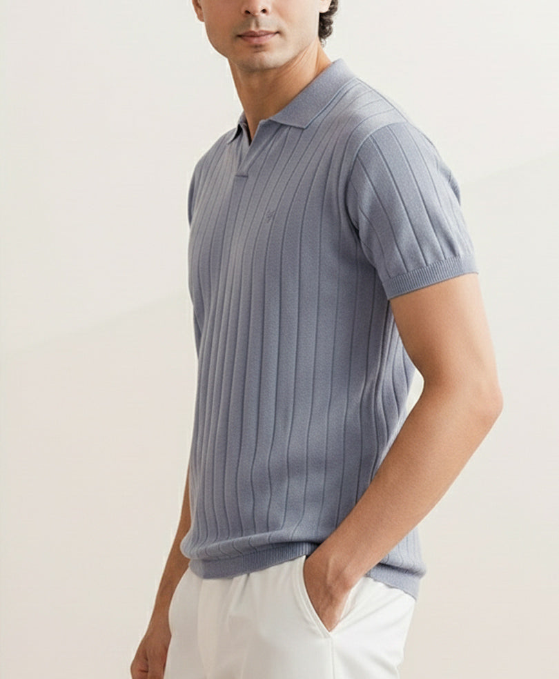 Drop Needle knit POLO Rise Blue