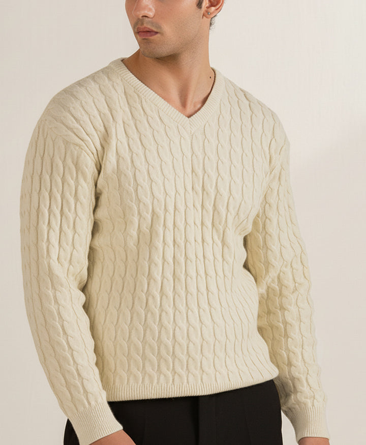 OFF White V-Neck Cable Knit Sweater