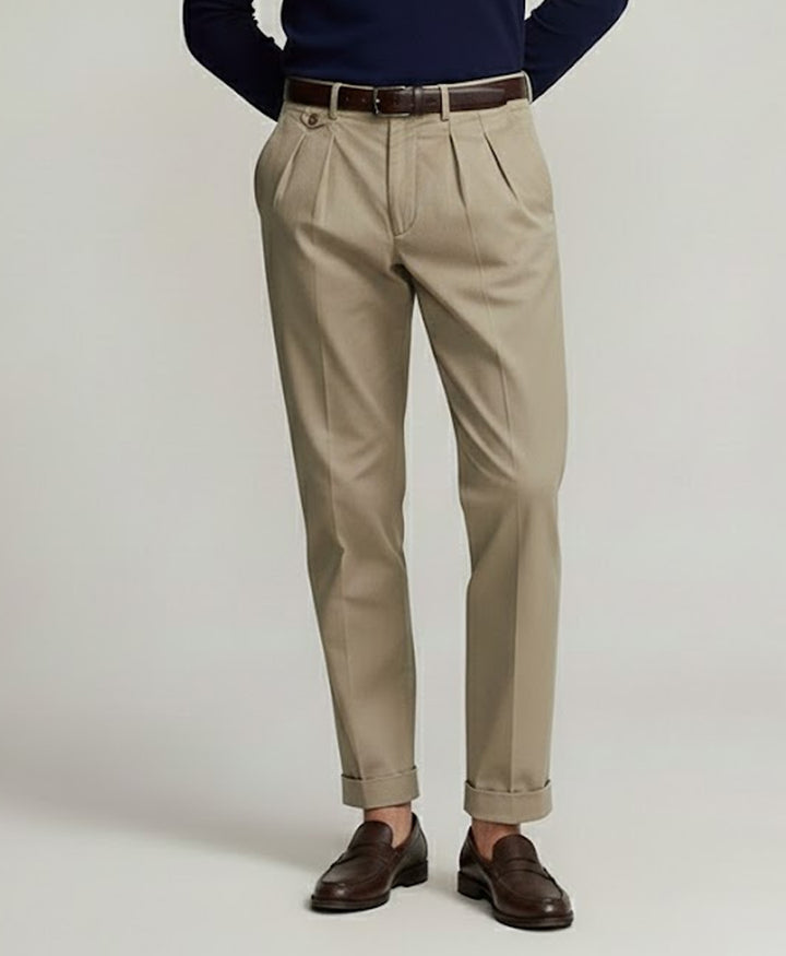 Beige Double Pleated Twill Pants