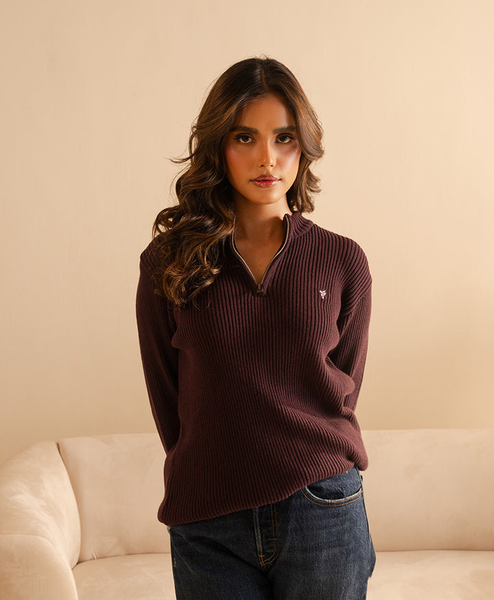 Burgundy Mock Neck Zipper Sweater (Women)