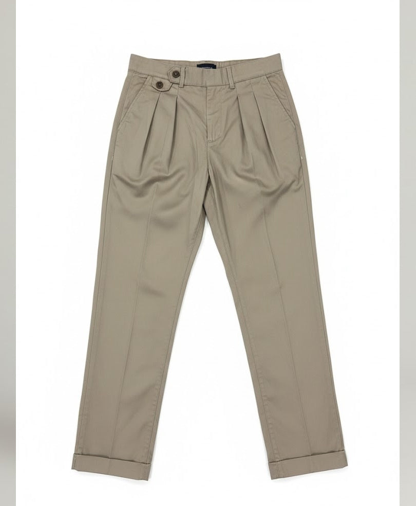 Beige Double Pleated Twill Pants