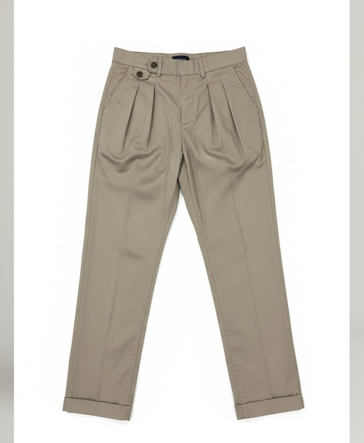 Beige Double Pleated Twill Pants