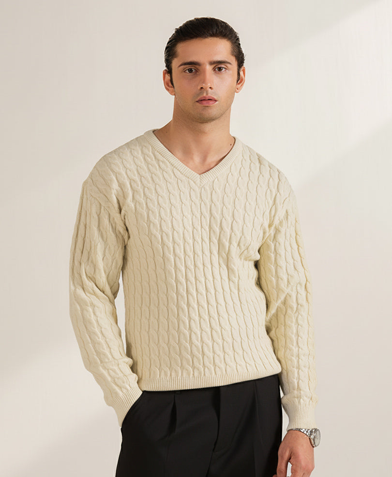 OFF White V-Neck Cable Knit Sweater
