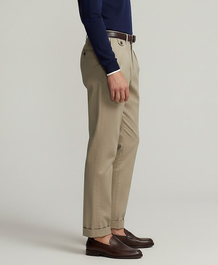Beige Double Pleated Twill Pants
