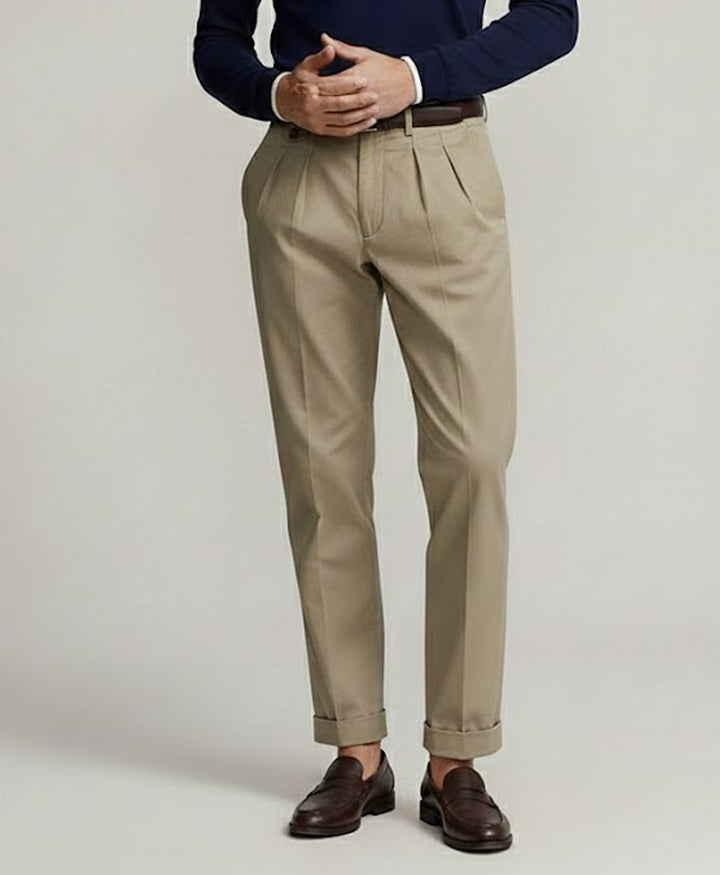 Beige Double Pleated Twill Pants