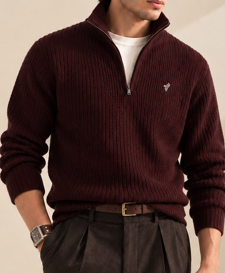 Dk Maroon Classic Knit Mock Zipper Sweater