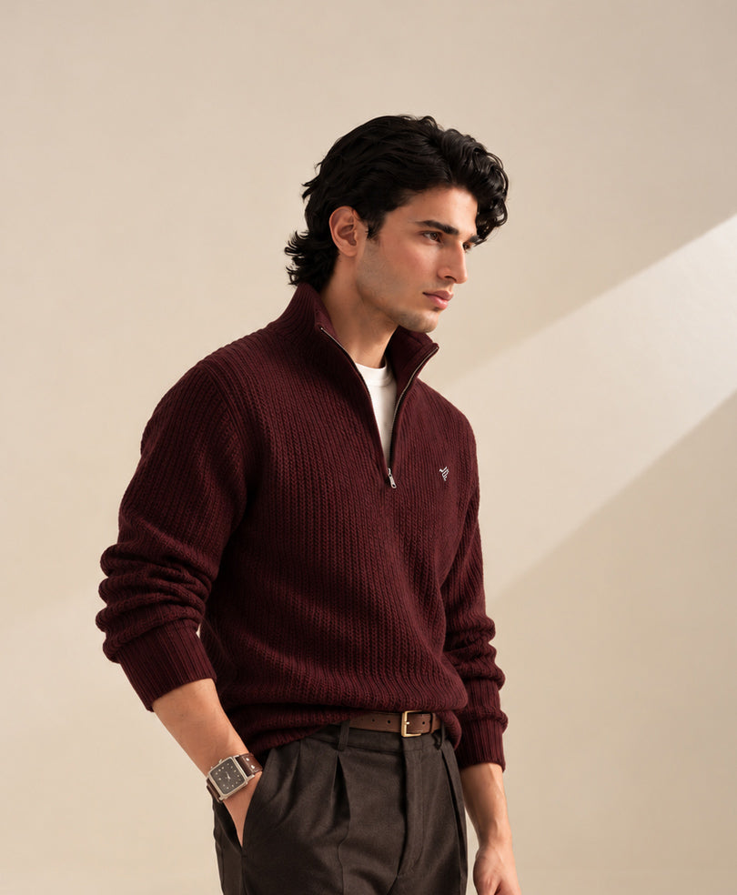Dk Maroon Classic Knit Mock Zipper Sweater