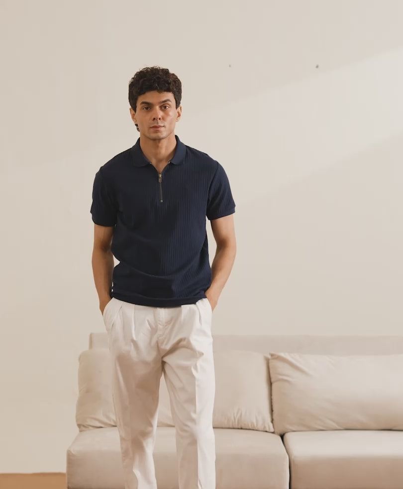 Navy Fine Drop Needle Zip POLO